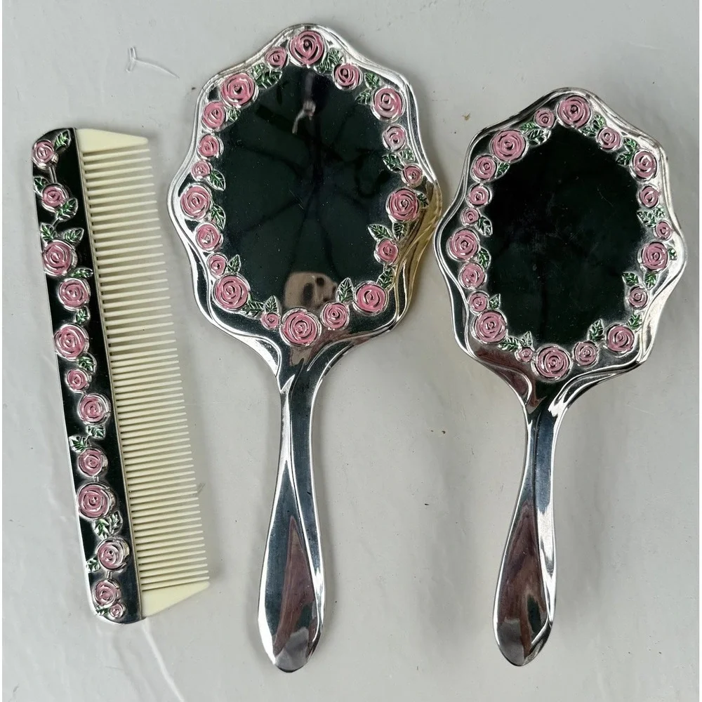 Vtg 3 Piece Vanity Set By Studio Silversmiths Silver Plate Pink Roses #365